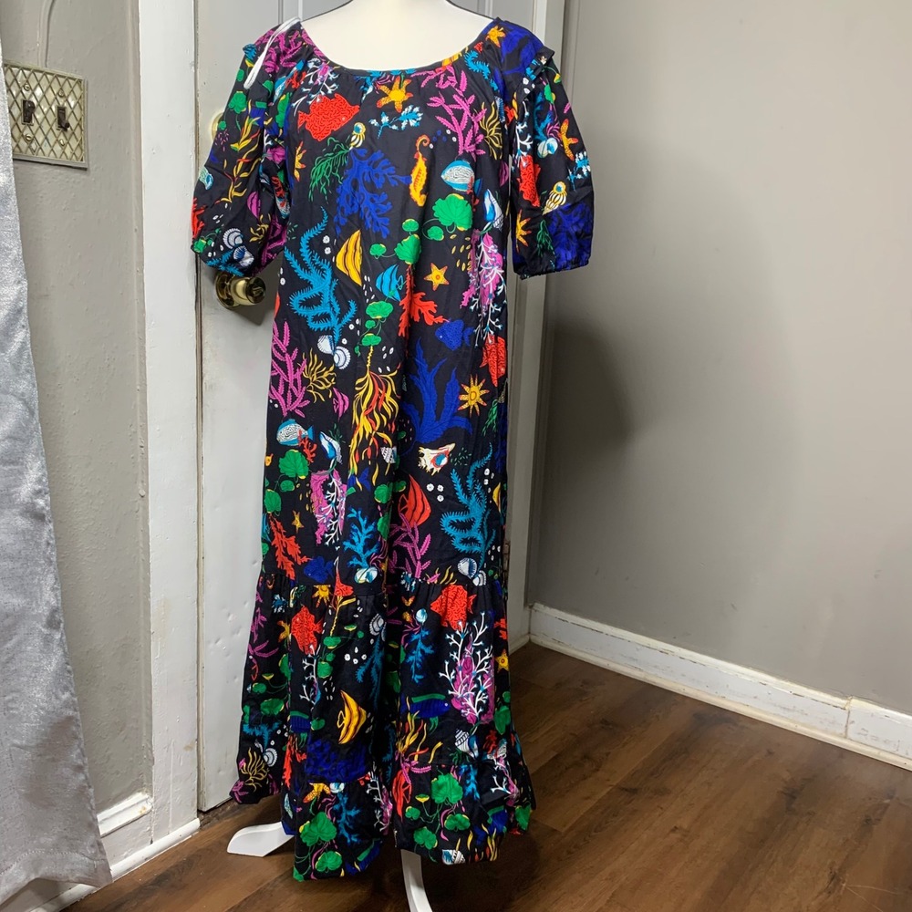 Vintage 60s Tropicana Originals Hawaiian black tropical ocean maxi dress size 12 - Picture 3 of 5